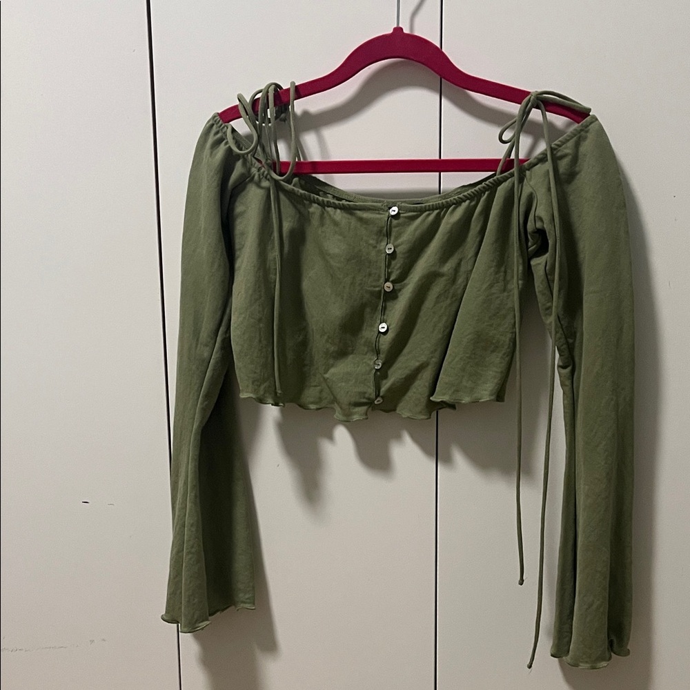 Olive Green Off-Shoulder Button Front Crop Top
